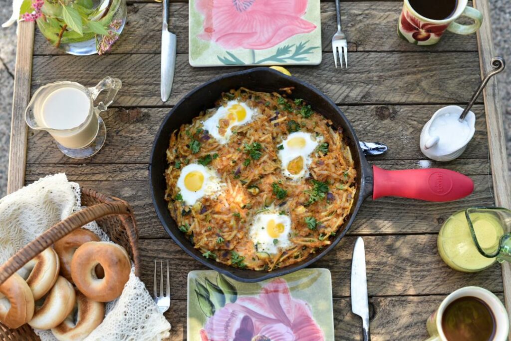 flat lay of corned beef hash in a cast iron skillet
