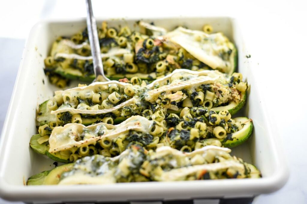 zucchini boats filled with spinach and brie