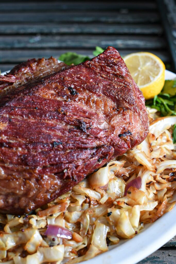 crispy corned beef brisket on lemon cabbage