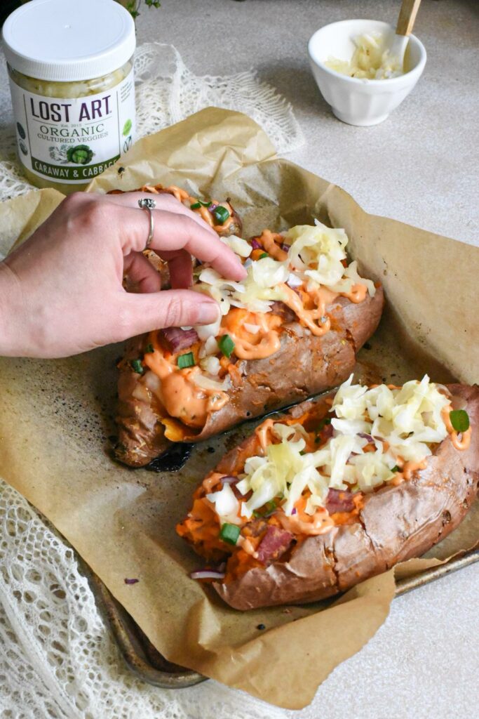 Lost Art reuben stuffed sweet potatoes