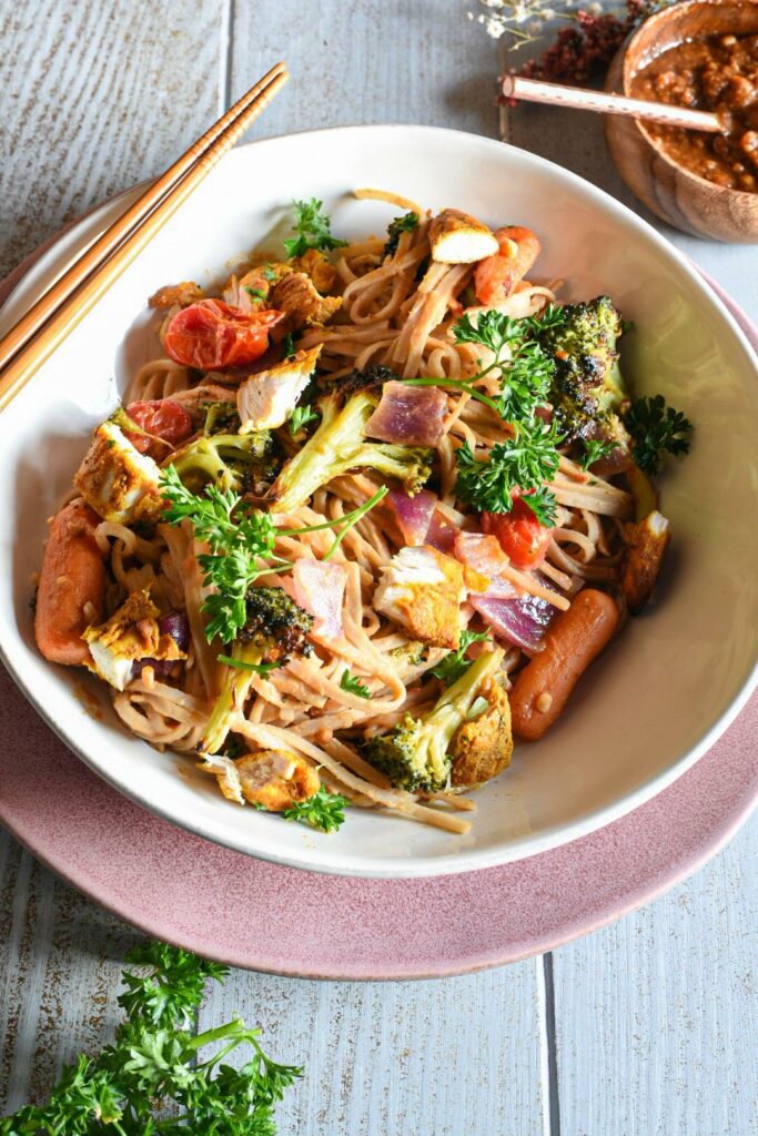 rice noodles with peanut sauce and vegetables
