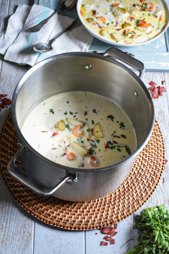 seafood chowder in pot