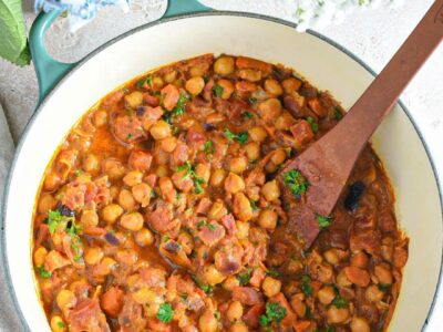 An overhead shot of freezable curried chickpeas in a dutch oven.