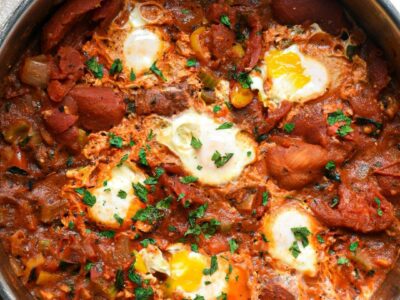 overhead shot of a large pot filled with shakshuka and sprinkled with parsley