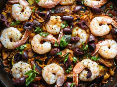 A cast iron skillet filled with mediterranean shrimp, olives, mushrooms and orzo, with green basil on top