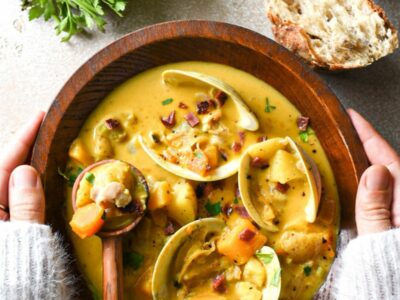 A wooden bowl of pumpkin clam chowder being held by two hands wearing a white sweater, with bread and parsley at the top of the image and clam shells in the soup.