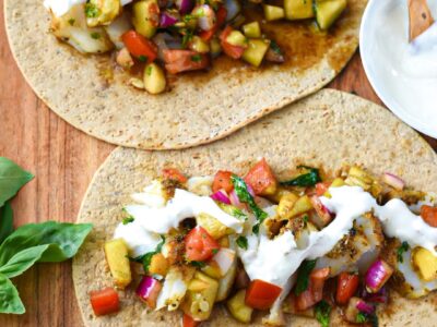 Mediterranean baked fish tacos on a wooden board topped with cucumber tomato balsamic salad and a white lemon garlic yogurt sauce