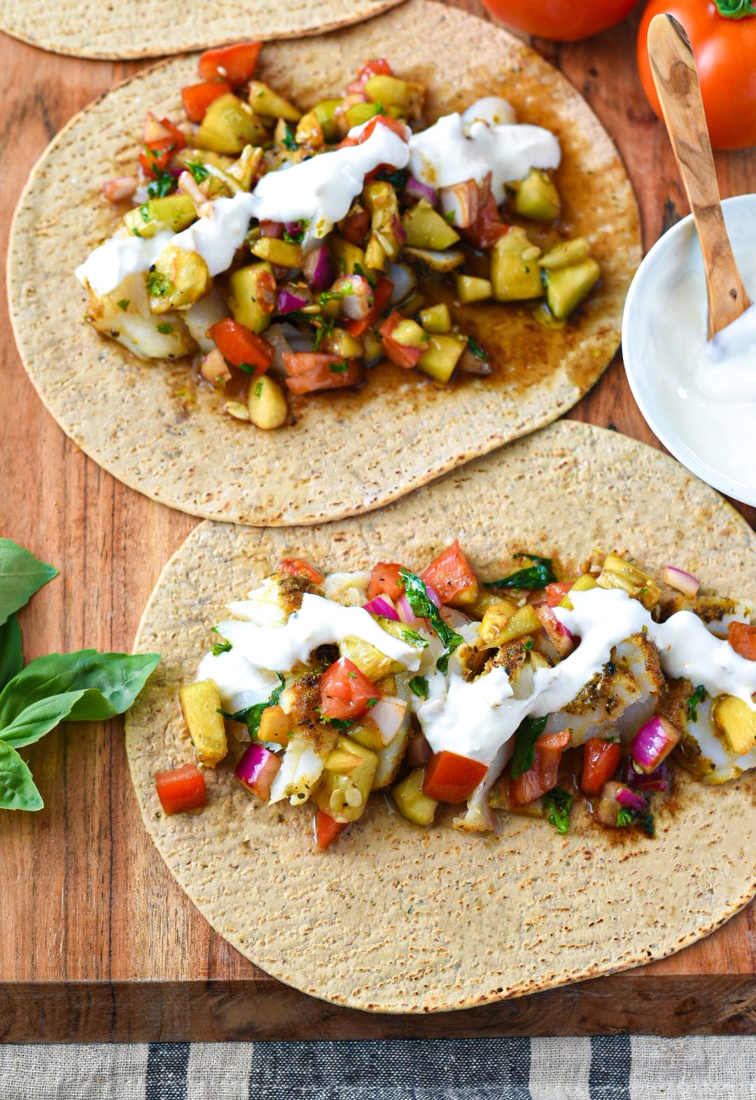 Mediterranean Baked Fish Tacos With Lemon Garlic Yogurt Sauce - Recipe Hippie