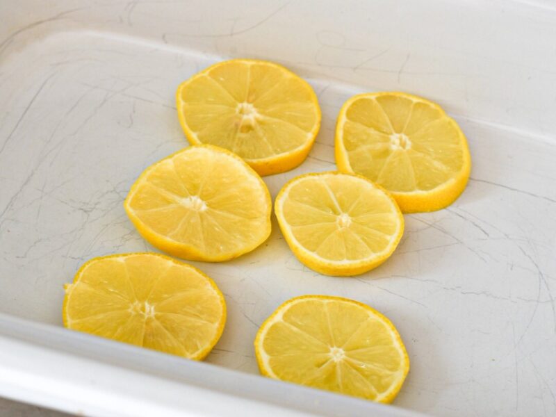 lemon slices for slow cooker lemon chicken Six lemon slices in the bottom of a crock pot