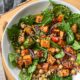 An overhead shot of sweet potato quinoa salad in a bowl with salad, red onion, tomatoes and chickpeas.