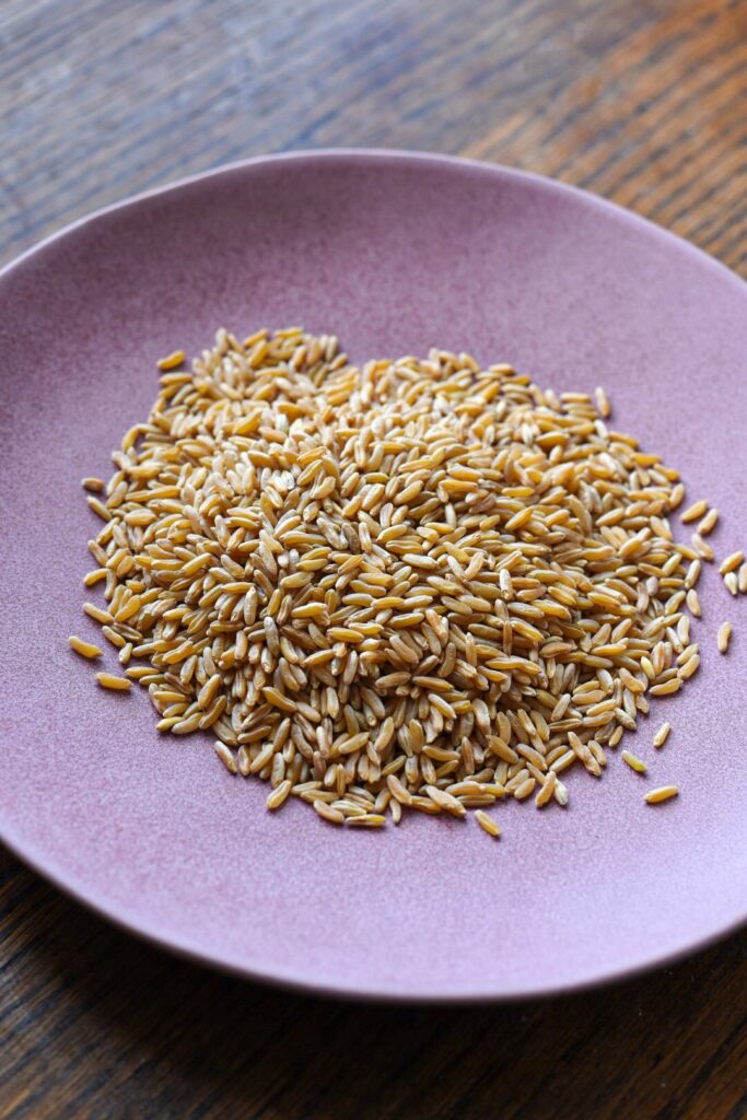 A pink plate filled with uncooked kamut kernels
