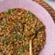 A pink plate filled with a kamut instant pot recipe with a gold spoon and parsley on the kamut