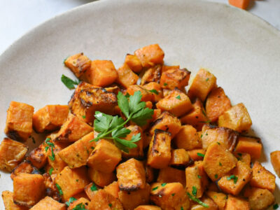 Air fried sweet potato cubes on a white plate garnished with parsley.