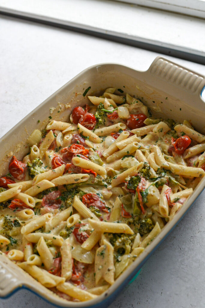 Boursin cheese pasta in a baking dish.