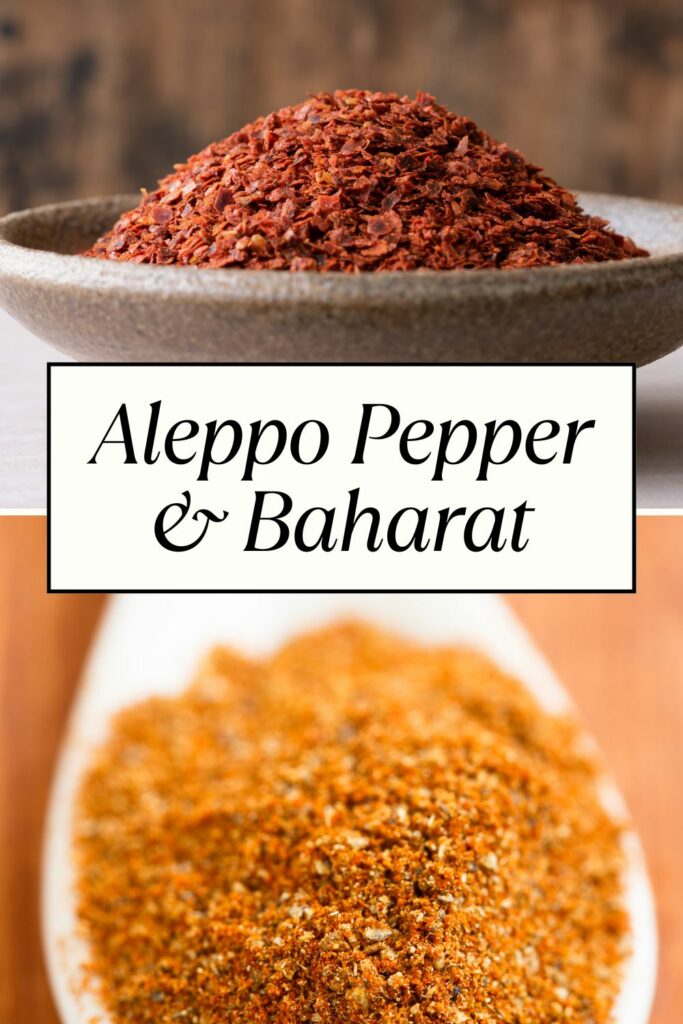 A photo showing both aleppo pepper and baharat spice.