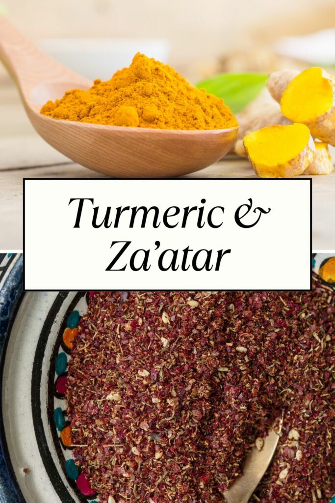 Spices turmeric and za'atar being represented in a photo.